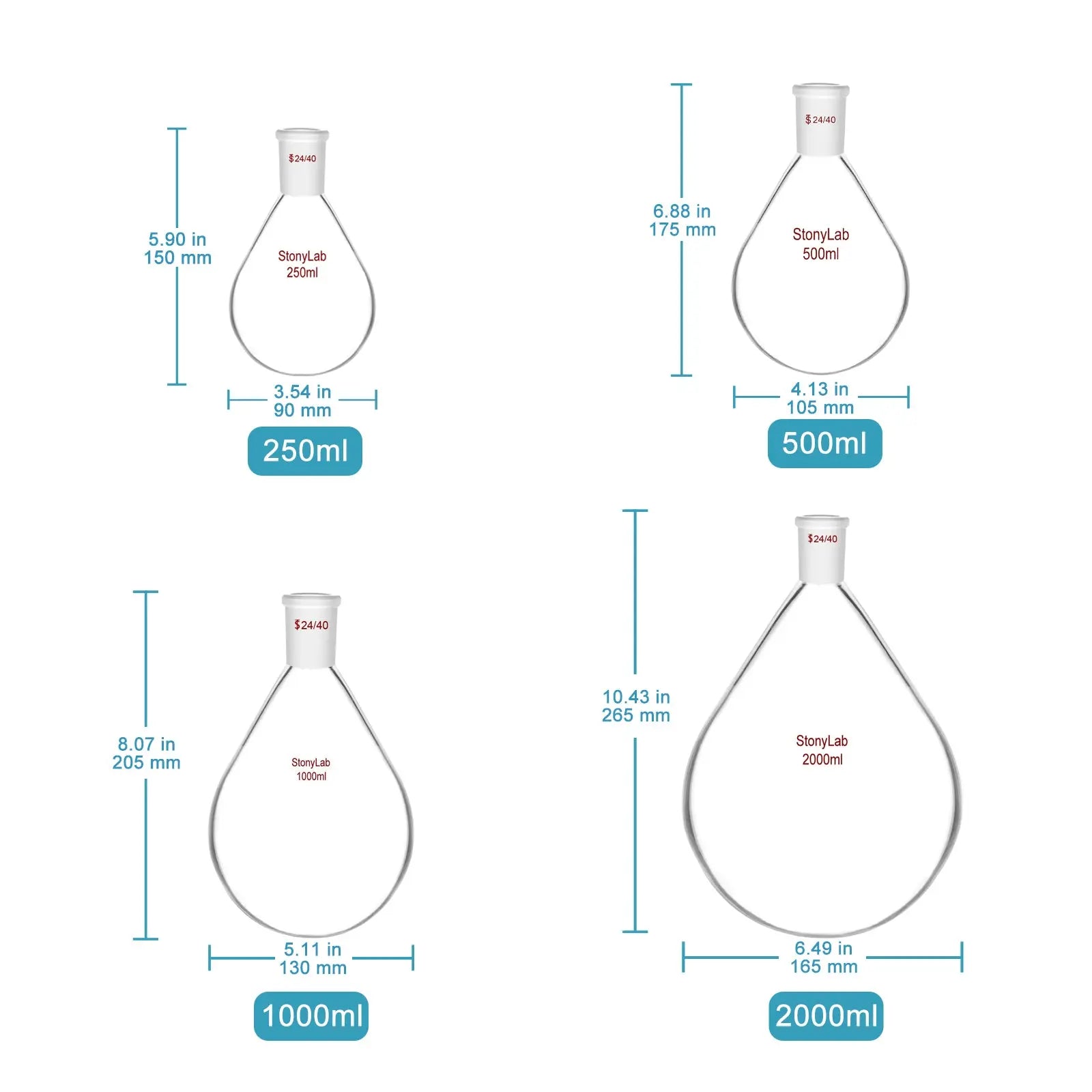 Side view and dimensional layout of the durable StonyLab Single Neck Recovery Flask