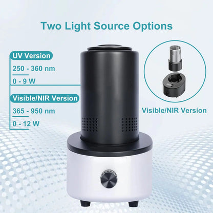Single-position photoreactor with interchangeable light source, 250–360 nm UV or 365–950 nm Visible-NIR StonyLab