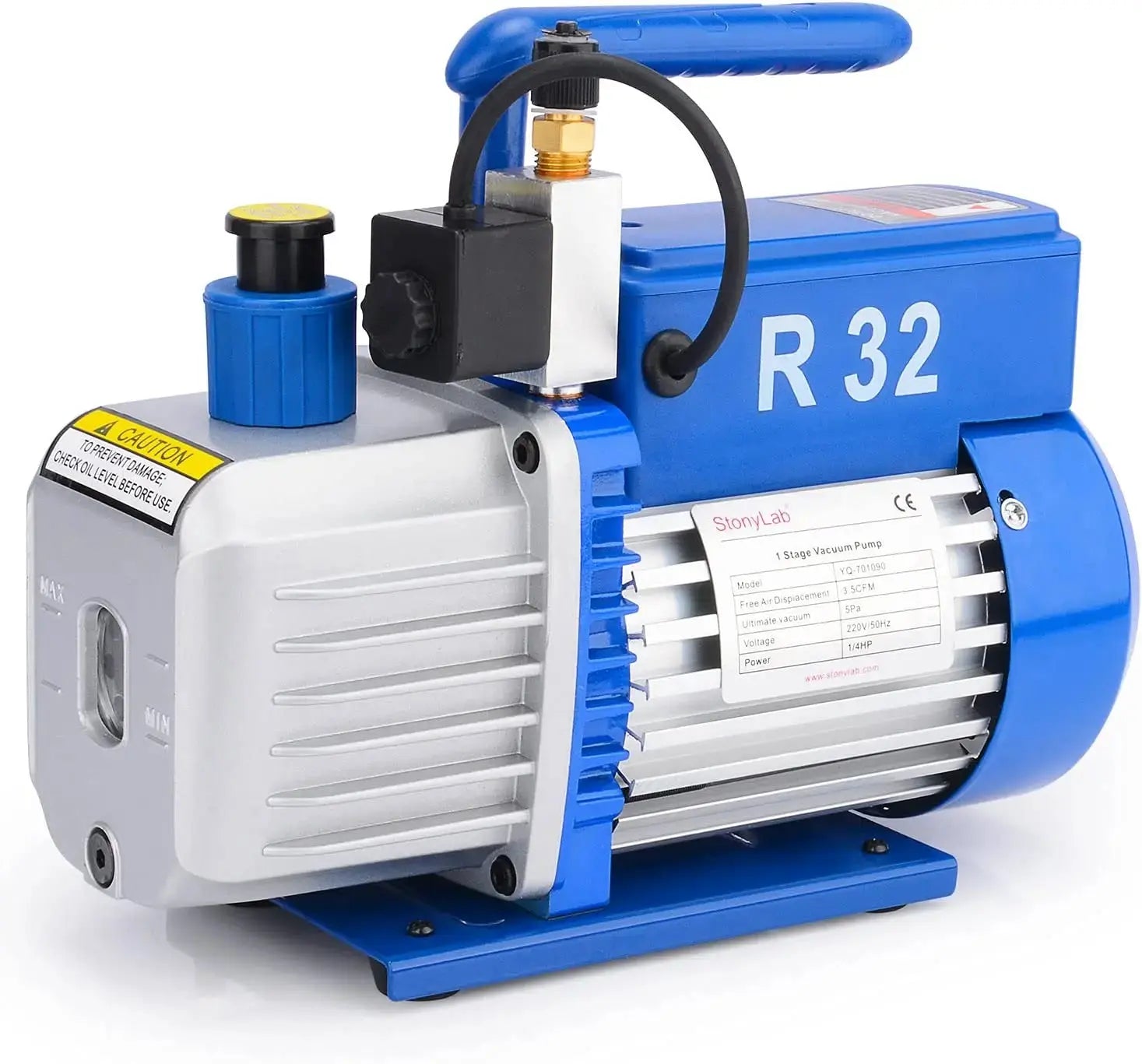 Side view and dimensional layout of the durable StonyLab Single-Stage Rotary Vane Vacuum Pump