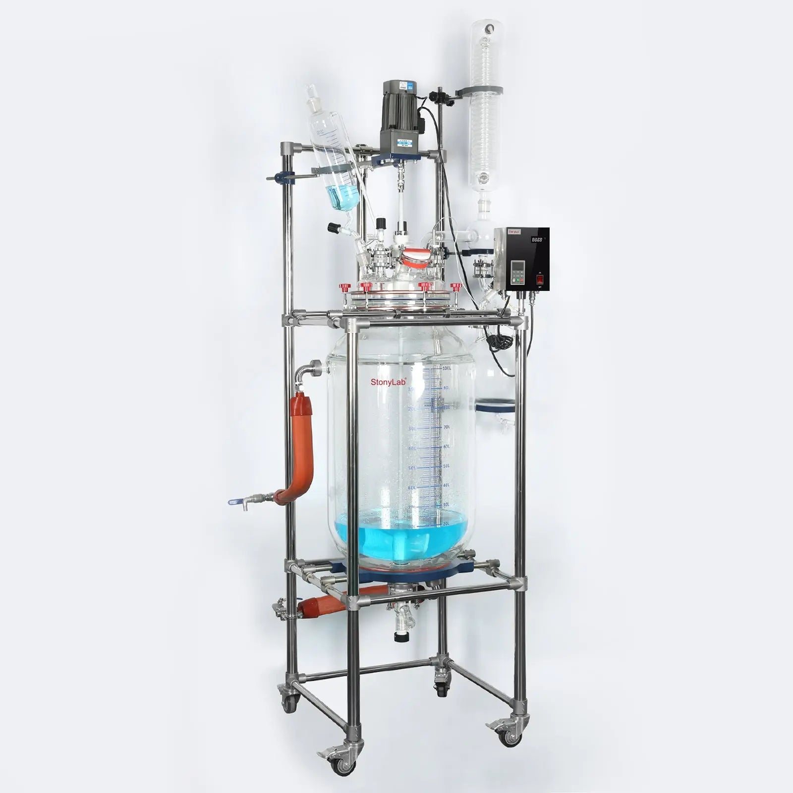 Side view and dimensional layout of the durable StonyLab 100L Jacketed Glass Reactor System for Pilot Plant and Process Scale-Up