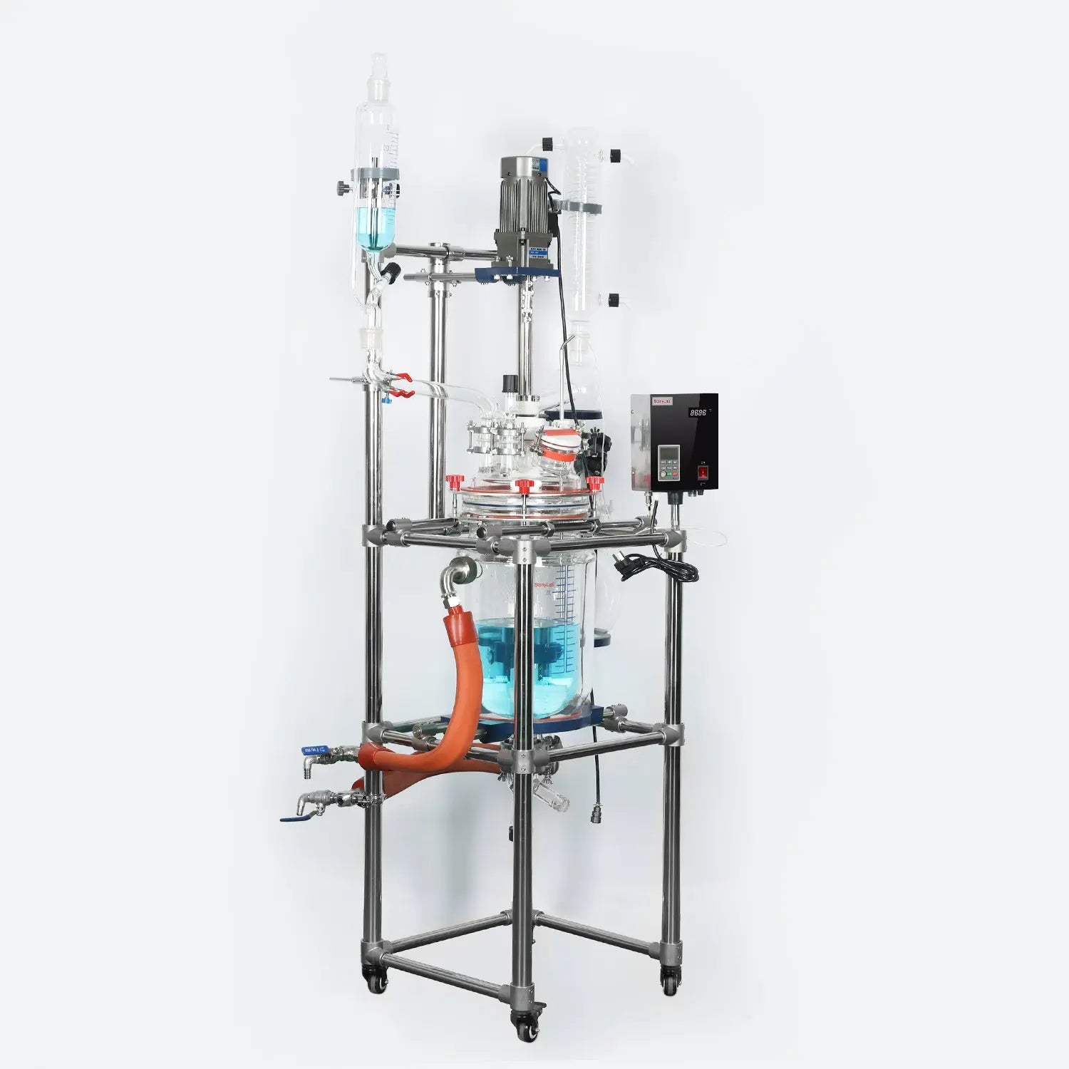 Side view and dimensional layout of the durable StonyLab 10L Jacketed Glass Reactor System for Laboratory Development and Research
