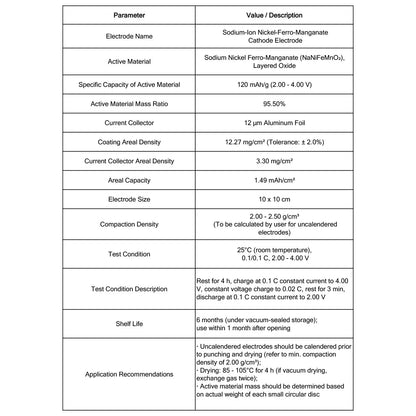 Sodium Nickel Ferro-Manganate (NaNiFeMnO₂) Single-Sided Cathode Electrode Sheets, Sodium-Ion Battery 10 x 10 cm (5 Pcs/Pack) Sodium Nickel Ferro-Manganate Sheets