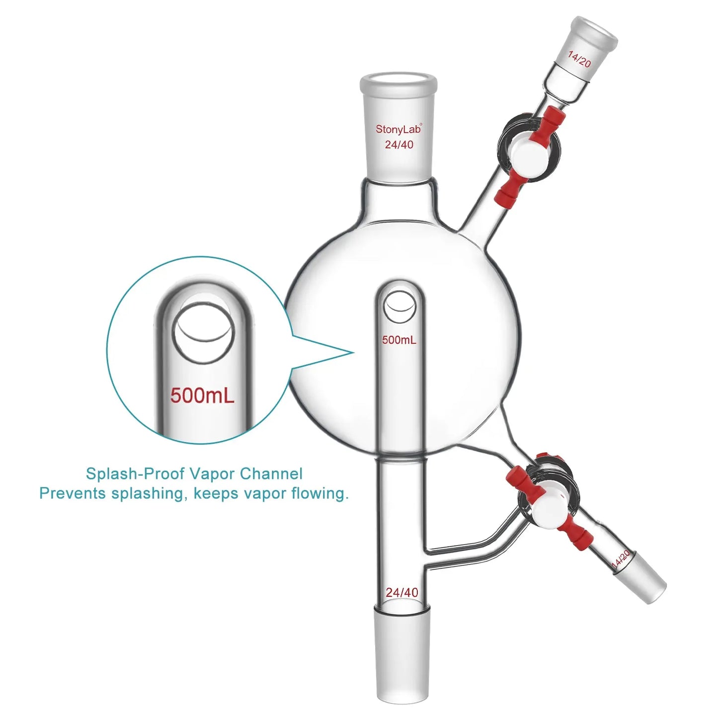 Solvent Still Head 500 ml, 24/40 Top & Bottom, 14/20 Sides