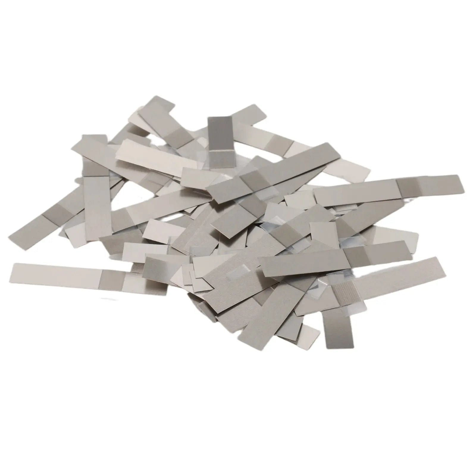 Stainless steel and nickel battery tab set for lithium-ion cell assembly 0.1 × 10 × 43 mm and 52 mm 100 pcs StonyLab