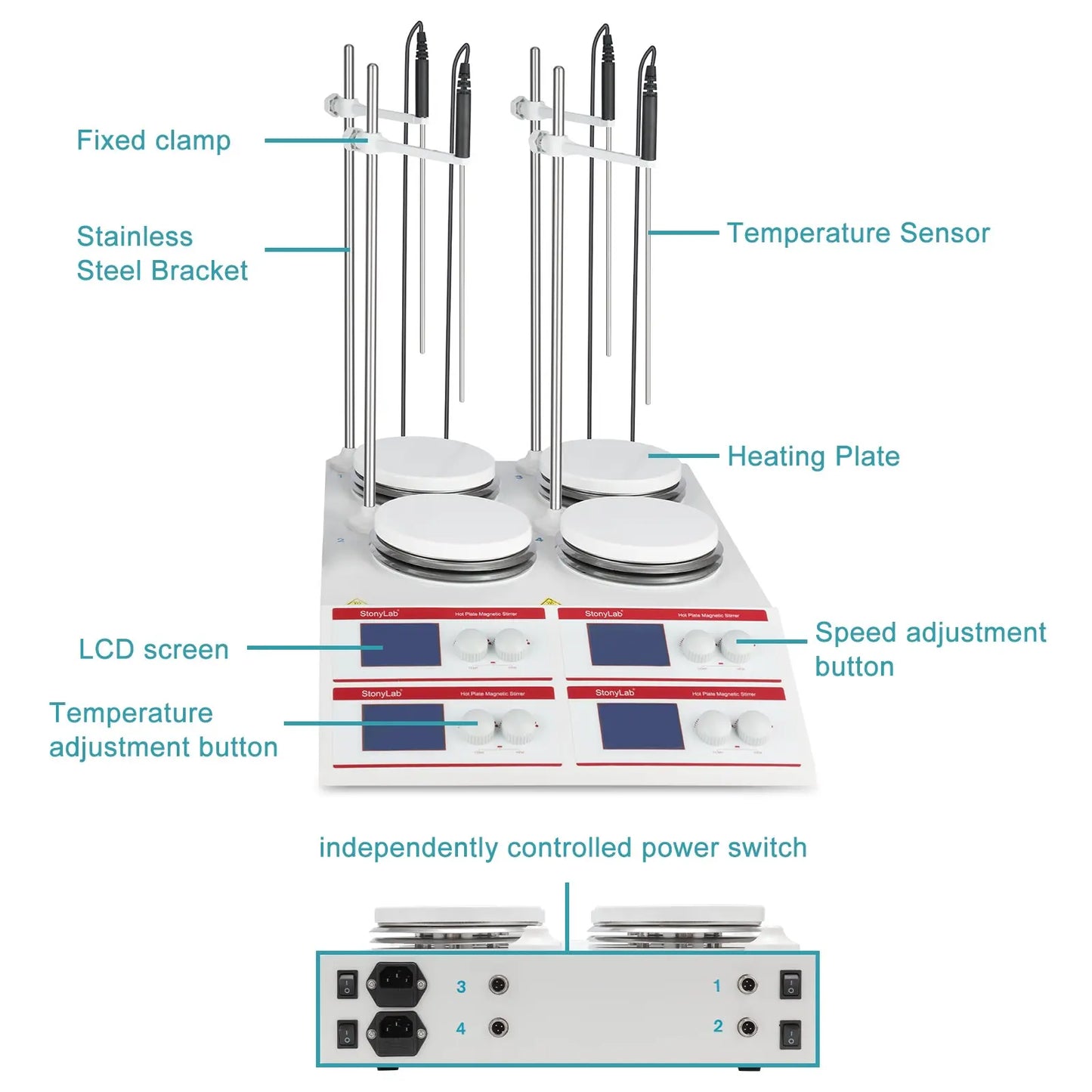 StonyLab Multi-Position Heating Magnetic Stirrer, 4×10L, 50-2000 rpm, RT+5~160°C