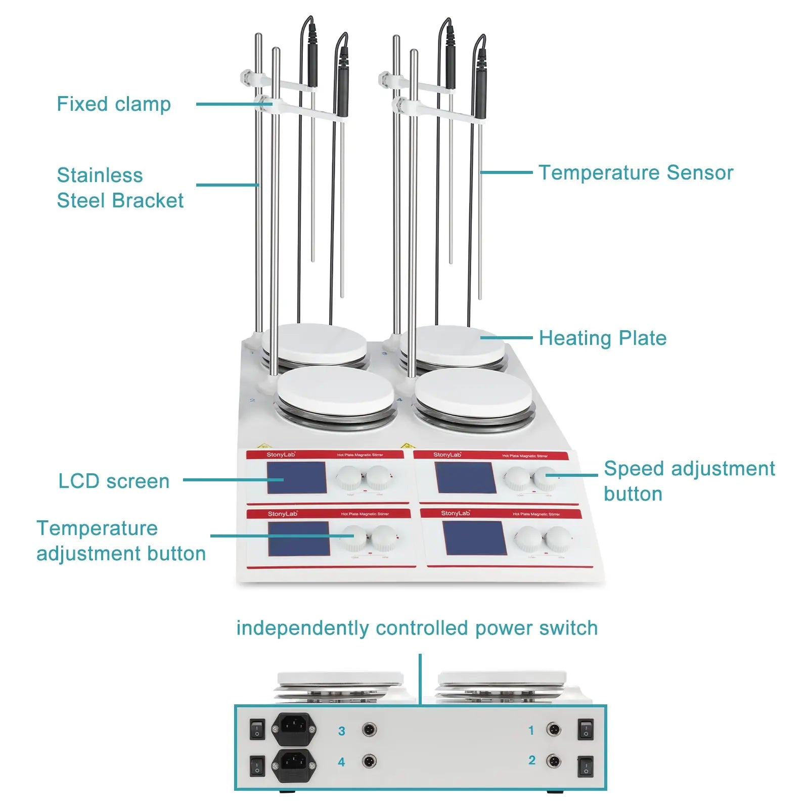 StonyLab Multi-Position Heating Magnetic Stirrer, 4×10L, 50-2000 rpm, RT+5~160°C