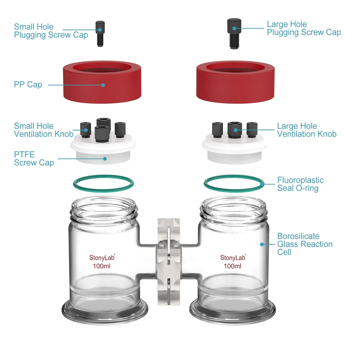 Divided H-cell electrochemical reactor 100 ml dual chamber electrolytic cell for water electrolysis electrosynthesis and three electrode system experiments StonyLab
