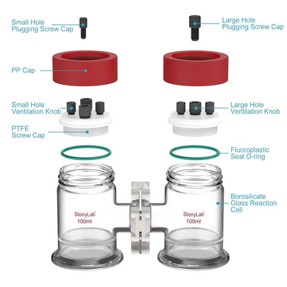 Divided H-cell electrochemical reactor 100 ml dual chamber electrolytic cell for water electrolysis electrosynthesis and three electrode system experiments StonyLab