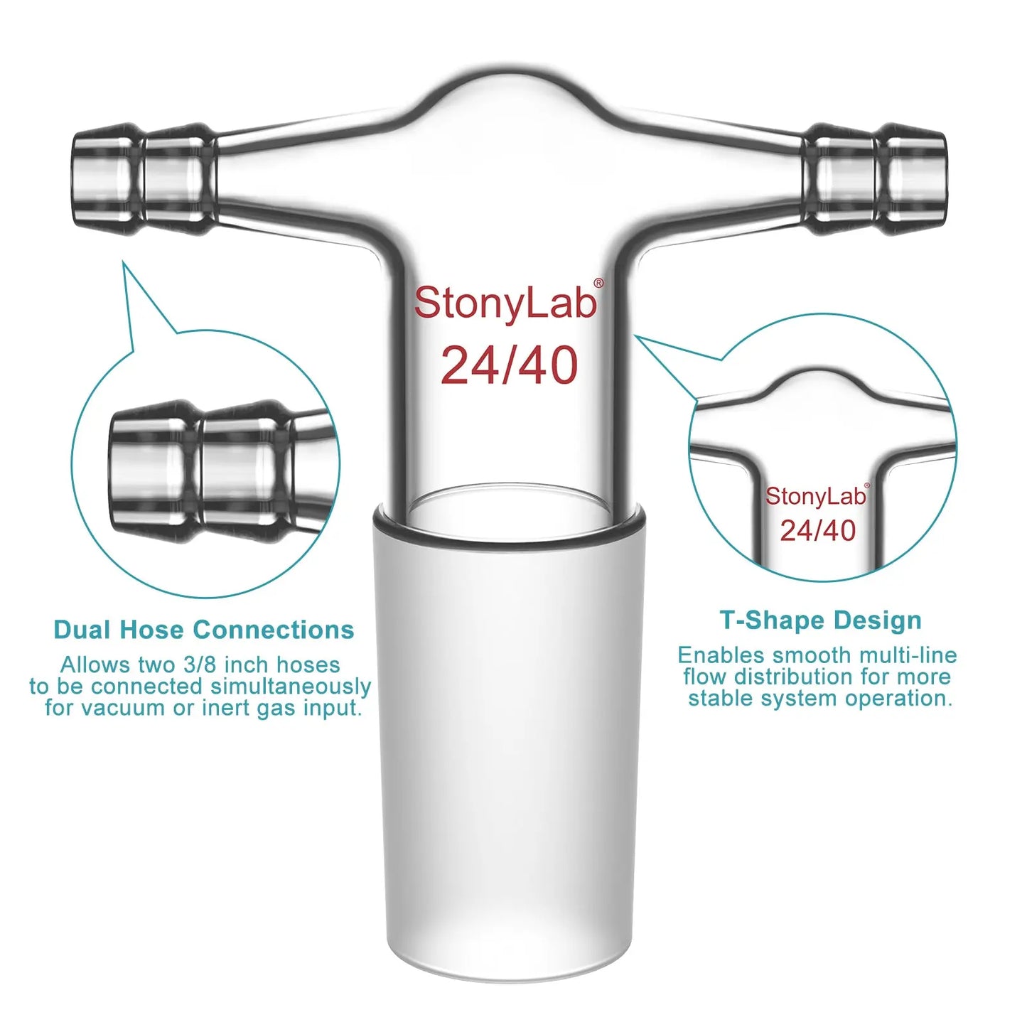 T-Shape Dual Hose Vacuum/Inert Gas Inlet Adapter with Dual 3/8 inch Hose Connections Adapters-Inlets/Thermometer