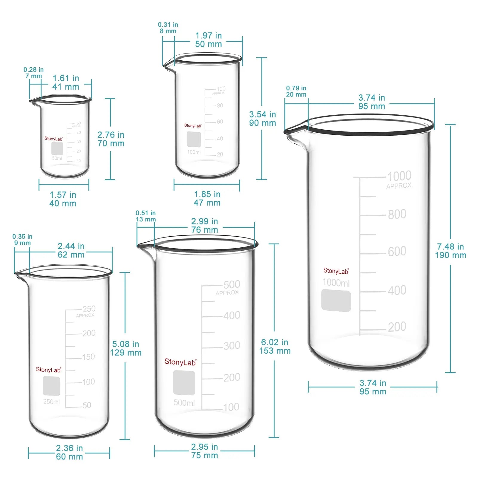 Close-up view showing the precise design and material of StonyLab Tall Glass Beaker Set