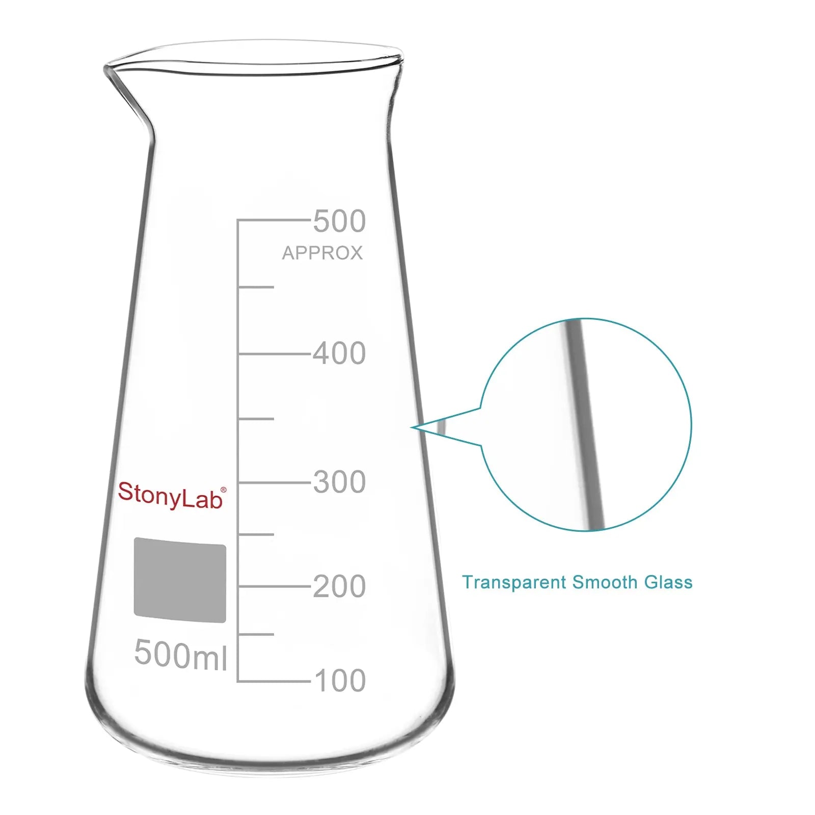 Side view and dimensional layout of the durable StonyLab Triangular Beaker with Spout [125-500 ml]