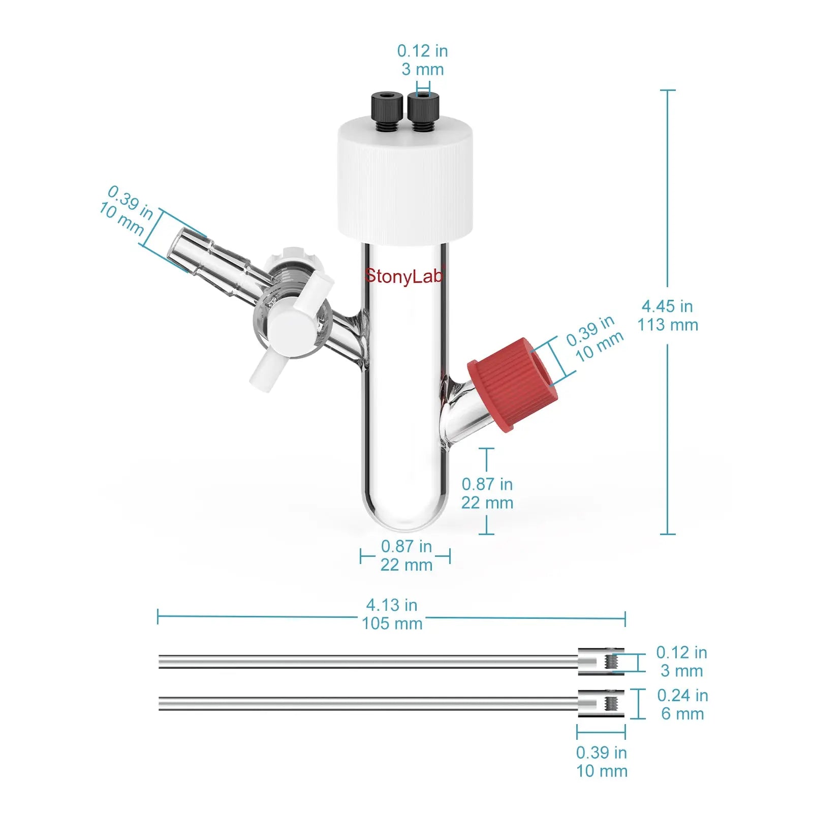 Side view and dimensional layout of the durable StonyLab Type I Sealed Tubular Electrolytic Cell