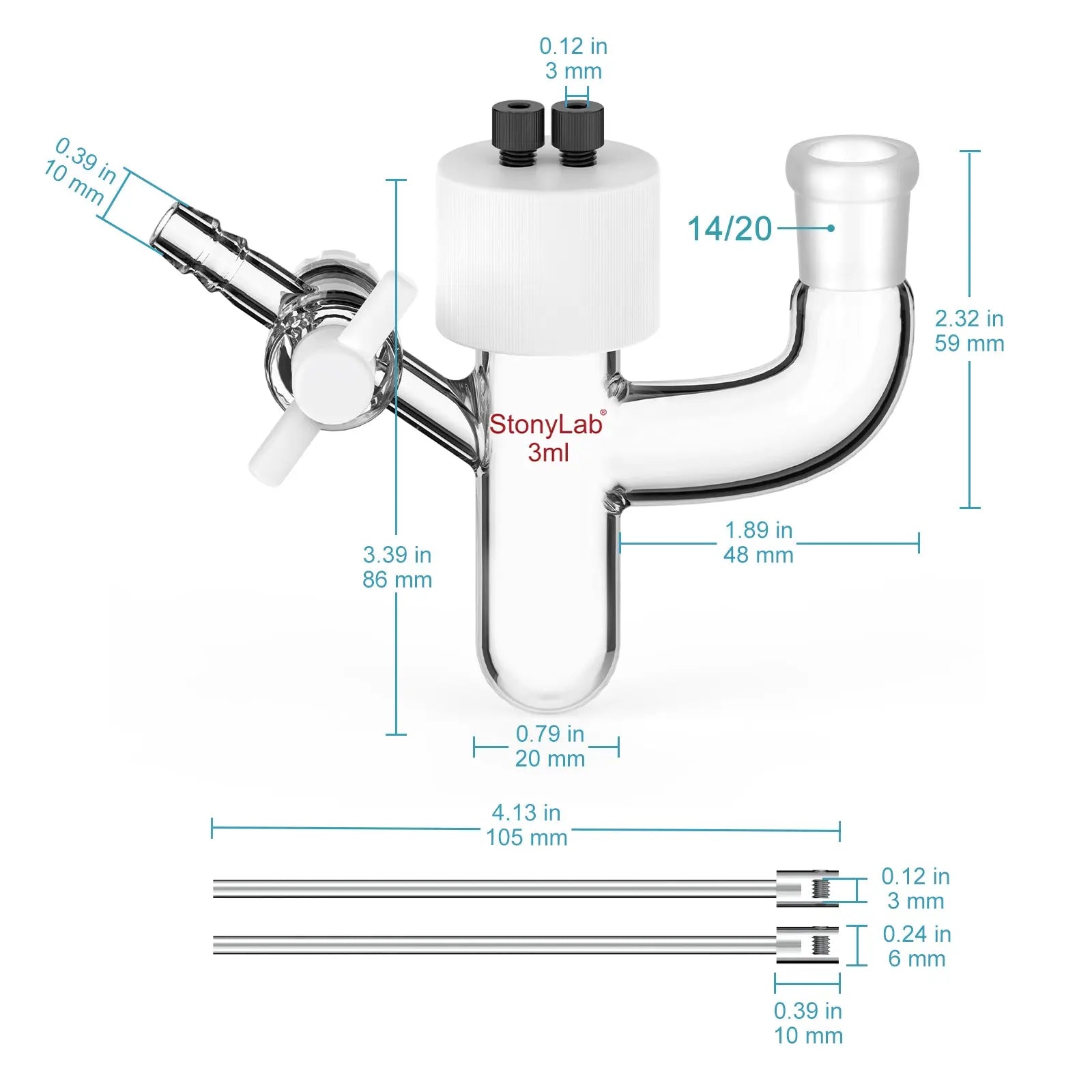 Side view and dimensional layout of the durable StonyLab Type IV Sealed Tubular Electrolytic Cell