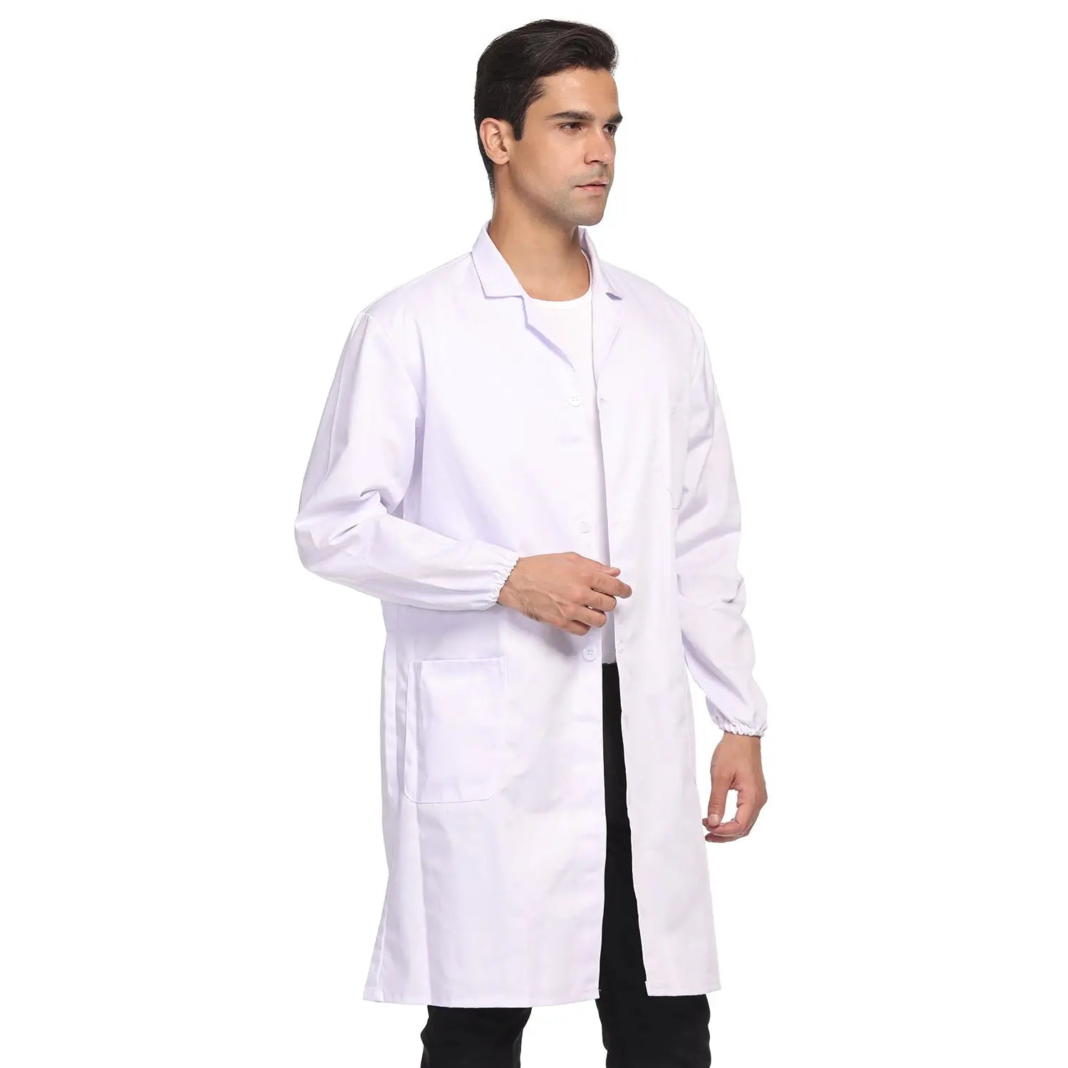 Close-up view showing the precise design and material of StonyLab Unisex Full-Length Lab Coat - 3 Pockets