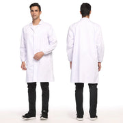 Side view and dimensional layout of the durable StonyLab Unisex Full-Length Lab Coat - 3 Pockets