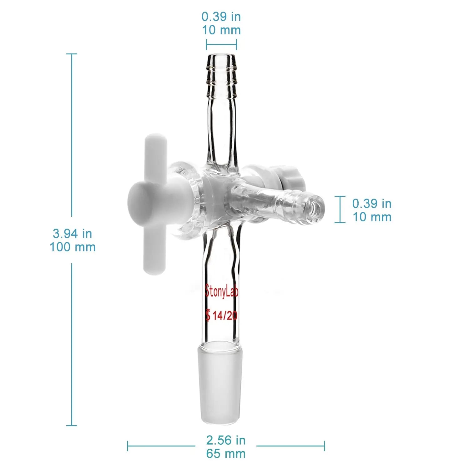 StonyLab Vacuum Flow Control Adapter With PTFE Stopcock - 14/20 Joint & Straight Hose Connection For Laboratory Use
