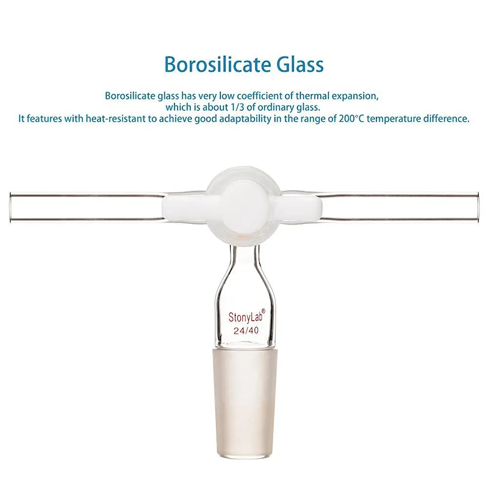 Side view and dimensional layout of the durable StonyLab Vacuum Flow Control Inlet Adapter with Dual Hose and PTFE Stopcock