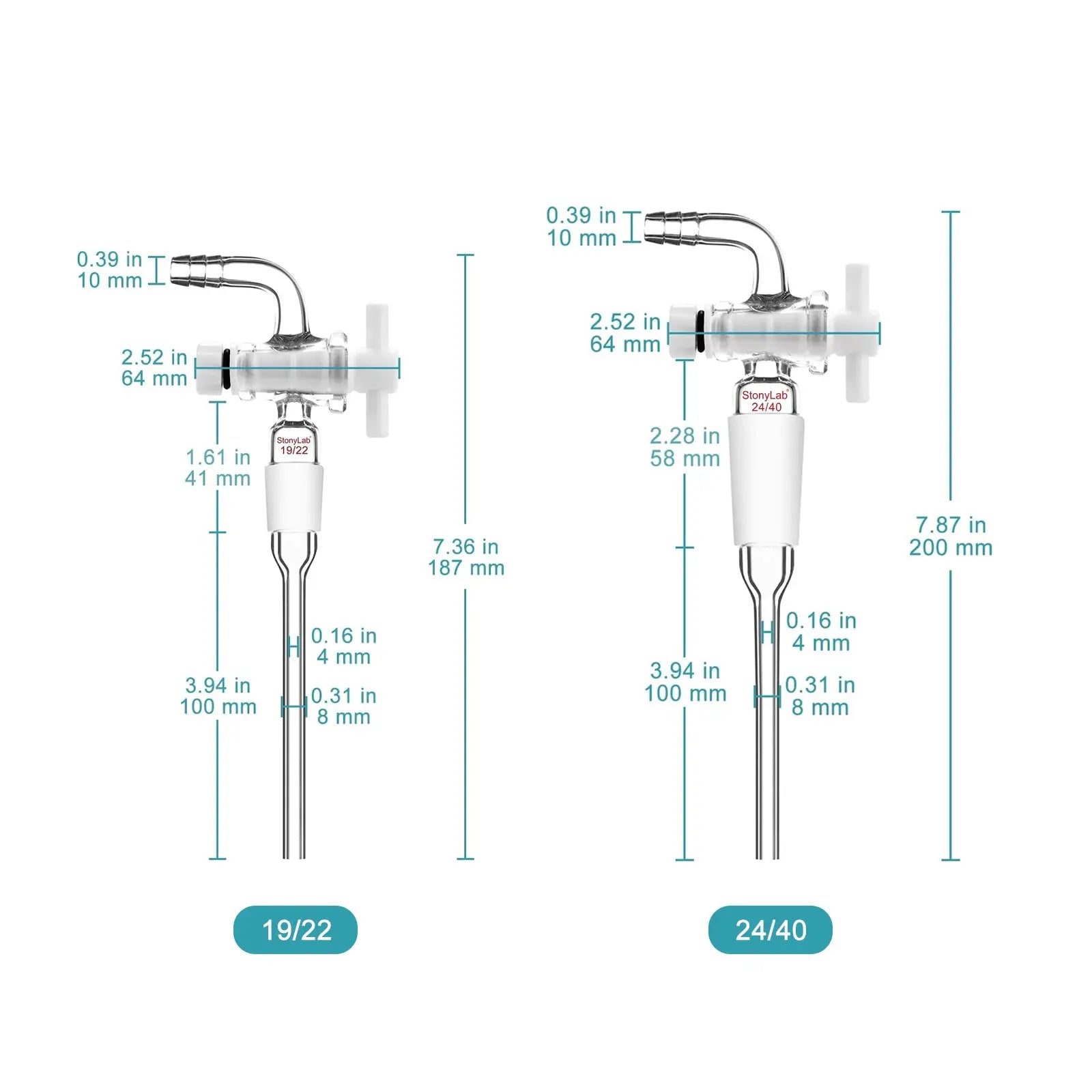 Side view and dimensional layout of the durable StonyLab Vacuum PTFE Flow Control Adapter