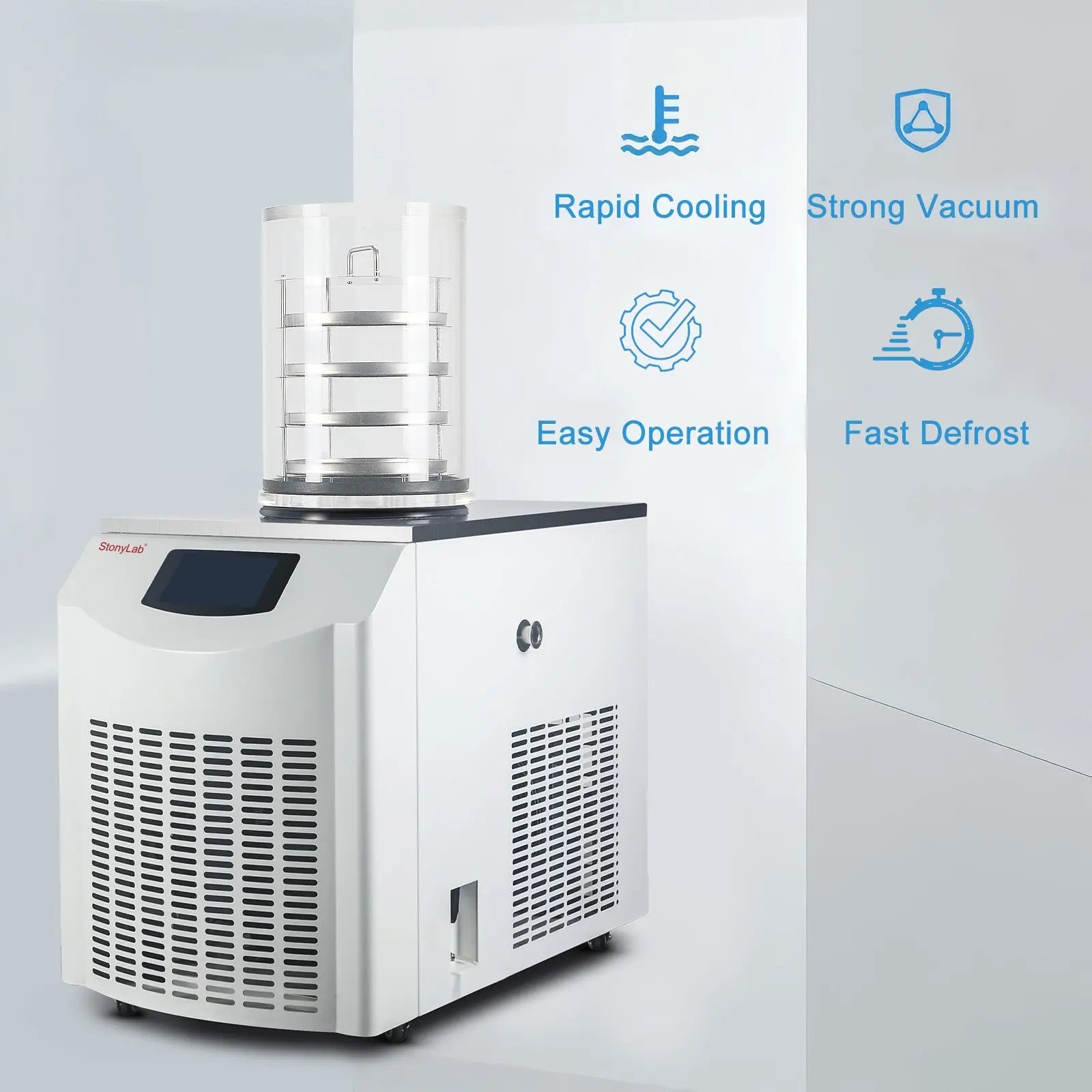Side view and dimensional layout of the durable StonyLab Vertical Freeze Dryer with Vacuum Pump