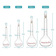 Side view and dimensional layout of the durable StonyLab Volumetric Flask Class A with Glass Stopper