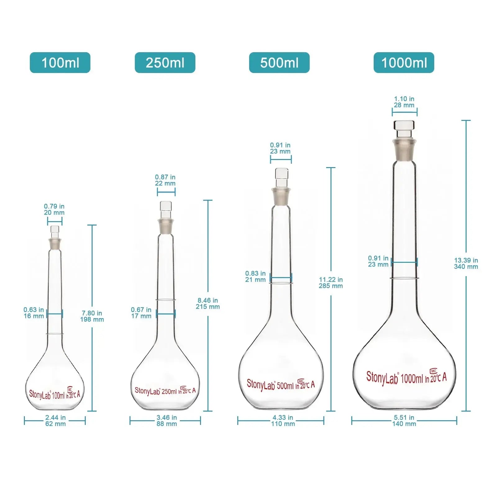 Side view and dimensional layout of the durable StonyLab Volumetric Flask Class A with Glass Stopper