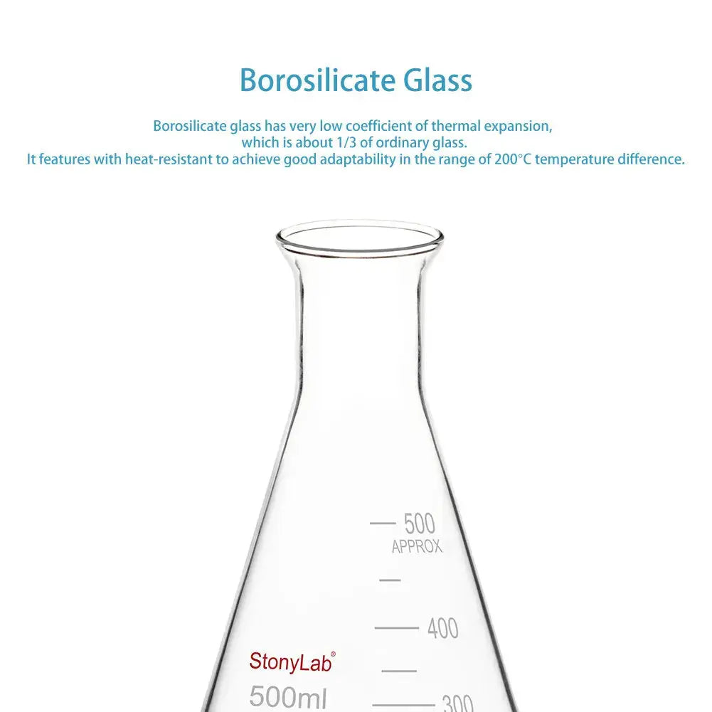 Side view and dimensional layout of the durable StonyLab Wide Mouth Erlenmeyer Flask