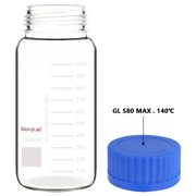 Side view and dimensional layout of the durable StonyLab Wide Mouth Media Storage Bottle with GL80 Screw Cap