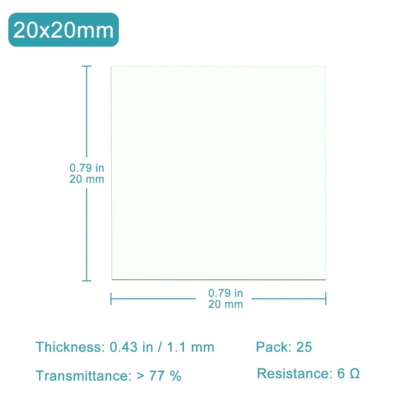 ITO Coated Conductive Glass, Low Resistance 6 ohm/sq, 0.39-1.97 inch, Pack of 25 Conductive Glass