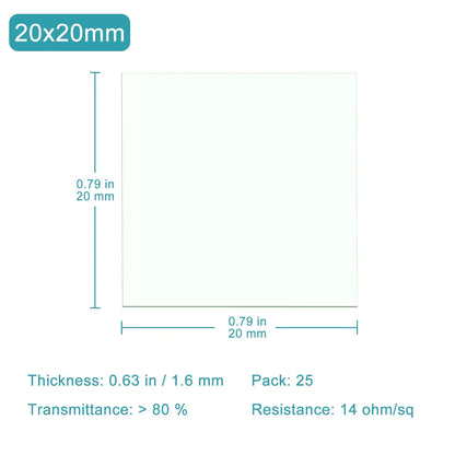 FTO Coated Conductive Glass, Resistance 14 ohm/sq, 0.8 in x 0.8 in x 0.06 in, Pack of 25 Conductive Glass