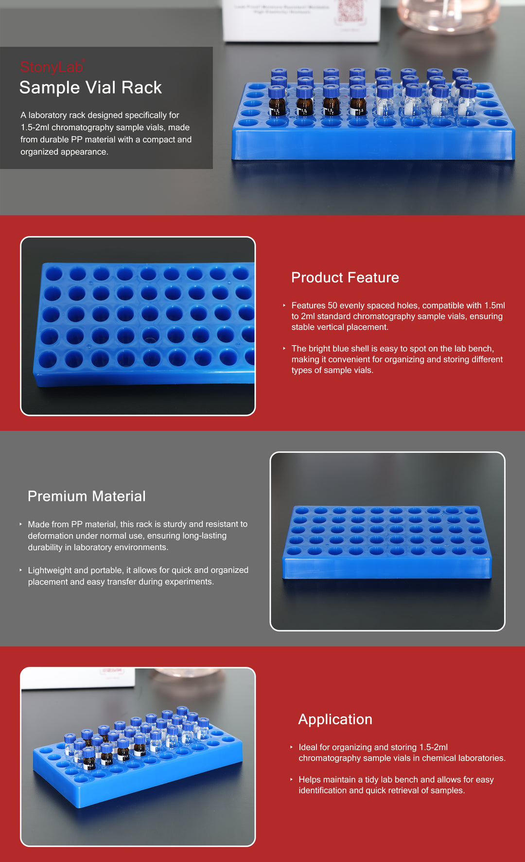 Blue Specimen Rack StonyLab 50 Wells Blue PP Rack for 1.5–2ml Vials | Free US Shipping